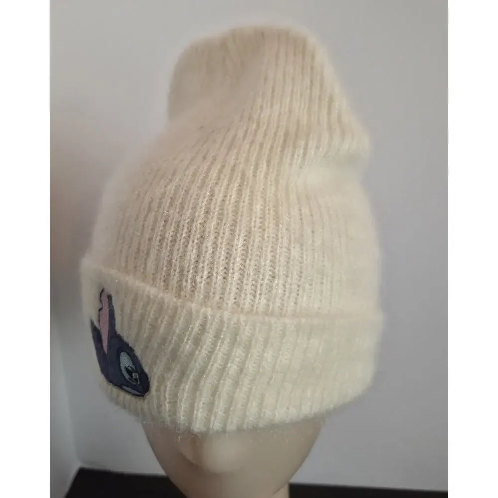 Stitch Knit Beanie Hat Embroidered Appliqués Unisex Warm Stretchy Cream One Sz